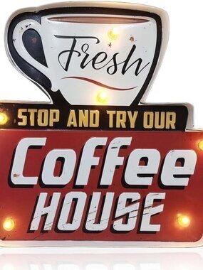 Retro Vintage Style LED Tin Cafe Kitchen Wall Fresh Coffee Shop Sign Decoration